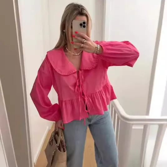 Women Casual Street Style Doll Collar Lace Blouse Top