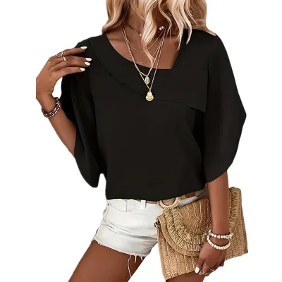 Summer Women Casual Solid Color Asymmetric Collar Chiffon Blouse