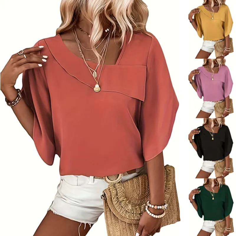 Summer Women Casual Solid Color Asymmetric Collar Chiffon Blouse