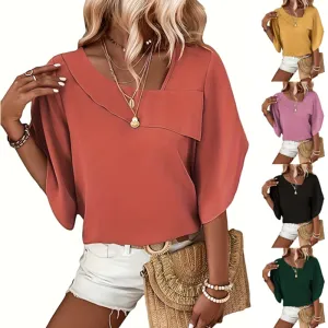 Summer Women Casual Solid Color Asymmetric Collar Chiffon Blouse