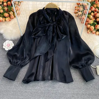 Women Elegant Bow Lace Long Sleeve Organza Blouse