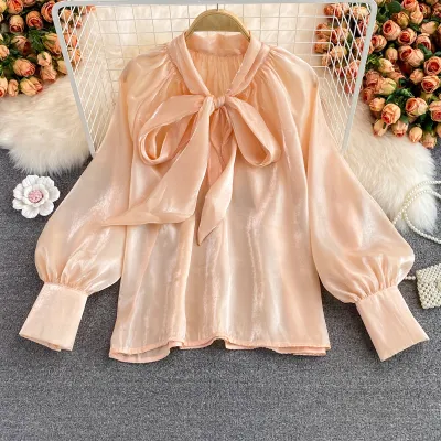 Women Elegant Bow Lace Long Sleeve Organza Blouse