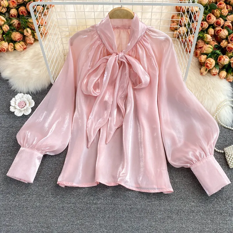 Women Elegant Bow Lace Long Sleeve Organza Blouse