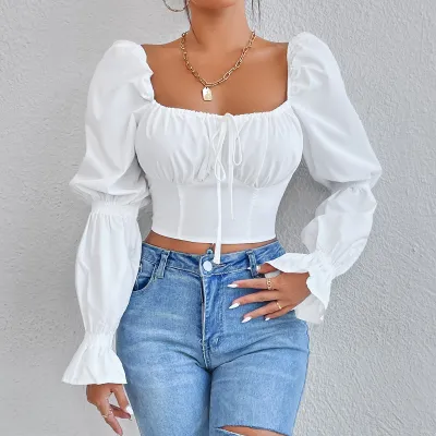Women Fashion Solid Color Square Collar Lace-Up Long Sleeve Blouse