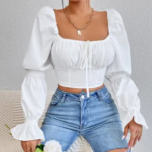 Women Fashion Solid Color Square Collar Lace-Up Long Sleeve Blouse