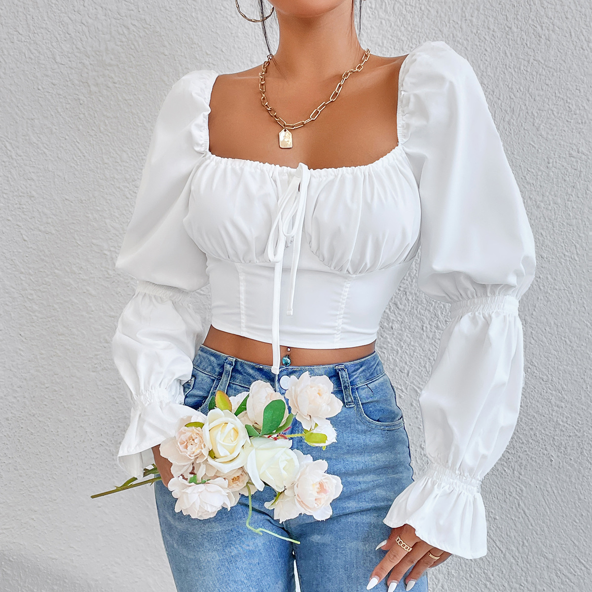 Wholesale Women Fashion Solid Color Square Collar Lace-Up