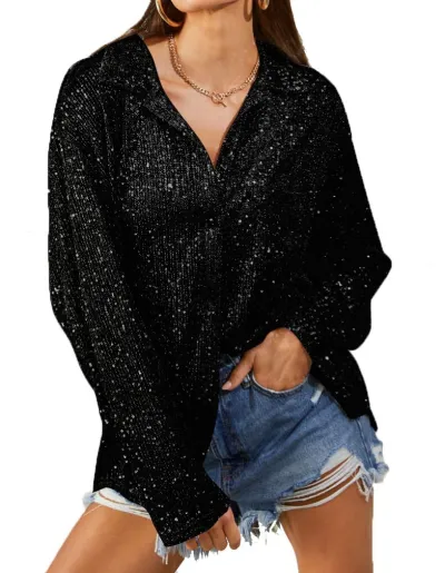 Women Fashion V-Neck Sequin Long Sleeve Blouse Top