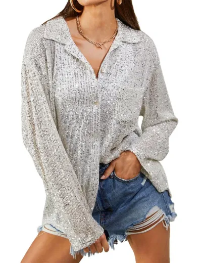 Women Fashion V-Neck Sequin Long Sleeve Blouse Top