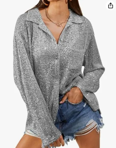 Women Fashion V-Neck Sequin Long Sleeve Blouse Top