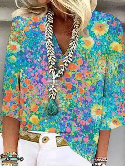 Women Fashion Colorful Geometric Floral Print V-Neck Blouse Top