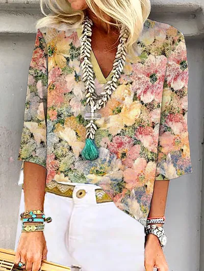 Women Fashion Colorful Geometric Floral Print V-Neck Blouse Top