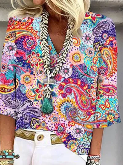 Women Fashion Colorful Geometric Floral Print V-Neck Blouse Top