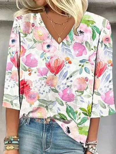 Women Fashion Colorful Geometric Floral Print V-Neck Blouse Top