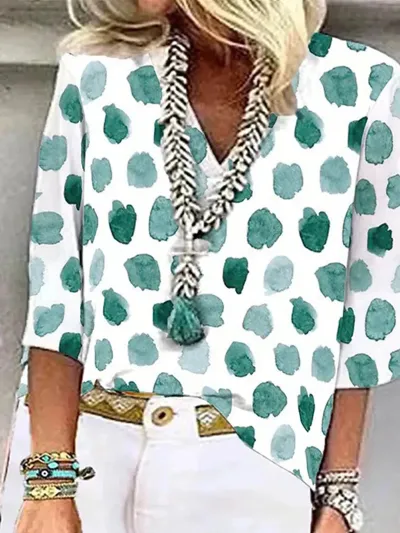 Women Fashion Colorful Geometric Floral Print V-Neck Blouse Top