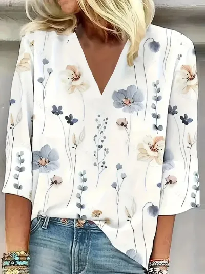 Women Fashion Colorful Geometric Floral Print V-Neck Blouse Top
