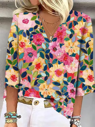 Women Fashion Colorful Geometric Floral Print V-Neck Blouse Top