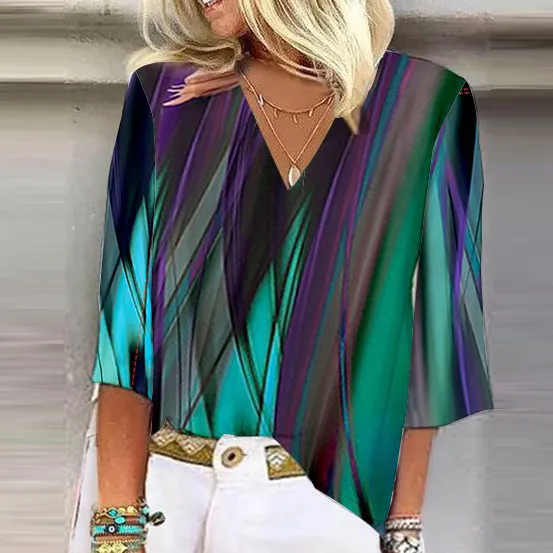 Women Fashion Colorful Geometric Floral Print V-Neck Blouse Top
