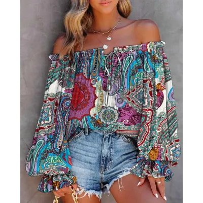 Women Fashion Sexy Graphic Printing Off Shoulder Long Sleeve Blouse Top