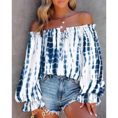 Women Fashion Sexy Graphic Printing Off Shoulder Long Sleeve Blouse Top