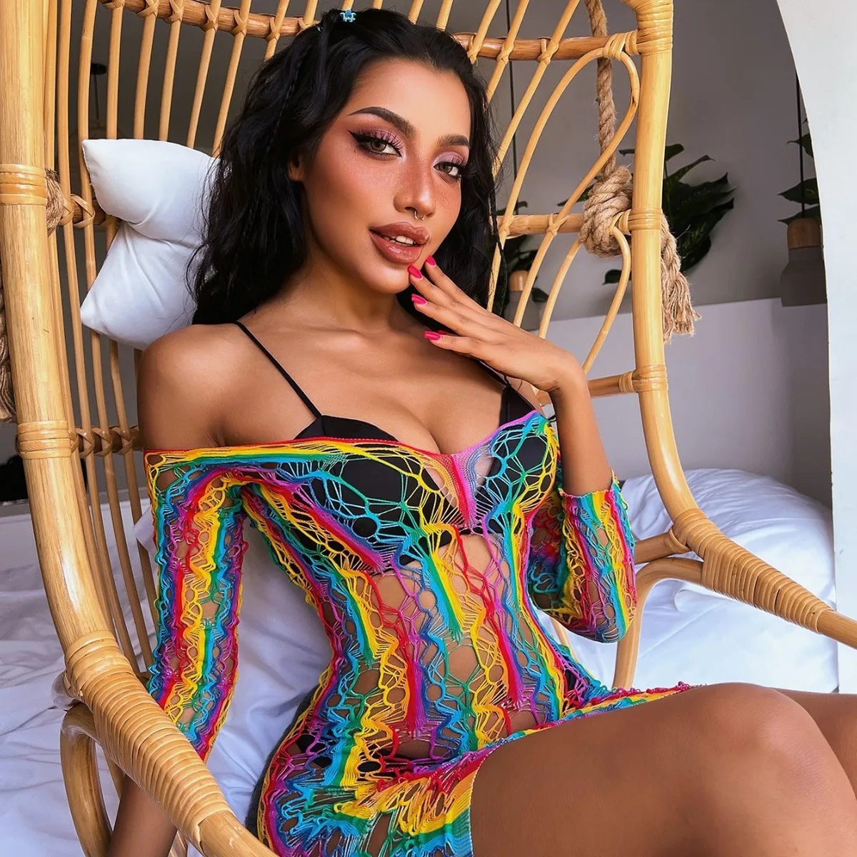 Women Sexy Rainbow Stripe Hollow See-Through Bra Set