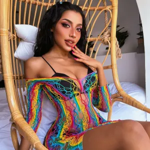 Women Sexy Rainbow Stripe Hollow See-Through Bra Set