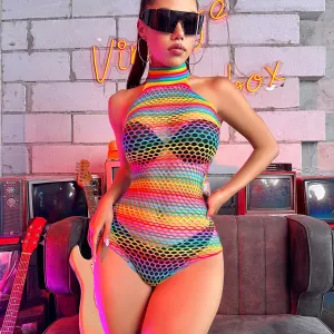 Women Fashion Sexy Fishnet Hollow Tight Rainbow Lingerie Bra Set
