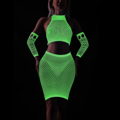 Women Sexy Fluorescent Mesh Hollow Lingerie Bra Set