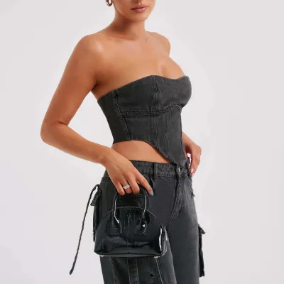 Women Fashion Sexy Denim Strapless Vest Wide Legs Low Waist