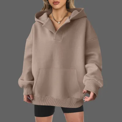 Custom Autumn Winter Women Casual Loose Solid Color Long Sleeve V-Neck Hoodies