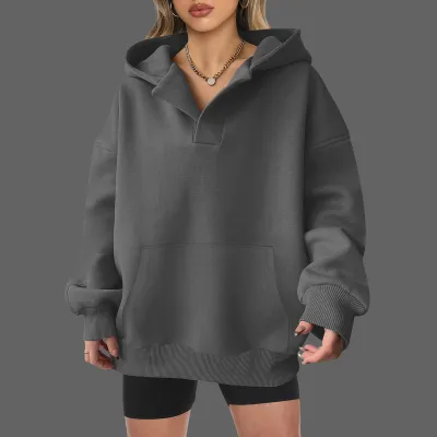 Custom Autumn Winter Women Casual Loose Solid Color Long Sleeve V-Neck Hoodies
