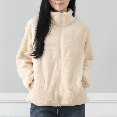 Autumn Winter Women Fashion Double-Sided Fleece Stand Collar Warm Thick Long Sleeve Jacket