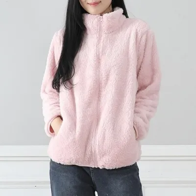 Autumn Winter Women Fashion Double-Sided Fleece Stand Collar Warm Thick Long Sleeve Jacket