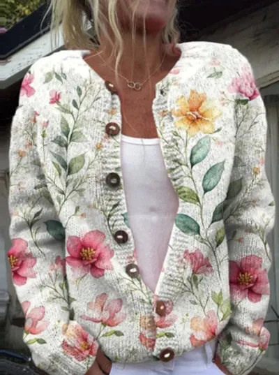 Autumn Winter Women Floral Knitted Long Sleeve Jacket