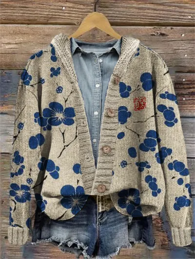Autumn Winter Women Floral Knitted Long Sleeve Jacket