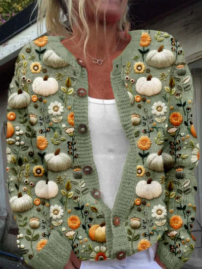 Autumn Winter Women Floral Knitted Long Sleeve Jacket