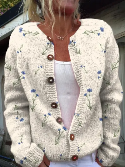 Autumn Winter Women Floral Knitted Long Sleeve Jacket