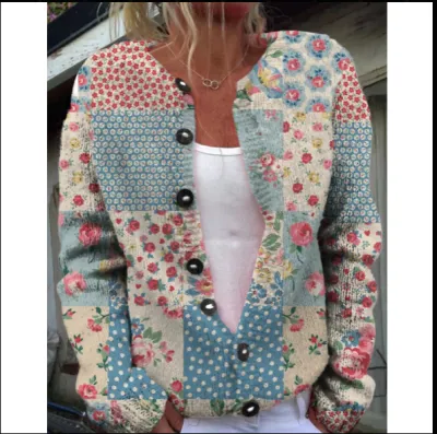 Autumn Winter Women Floral Knitted Long Sleeve Jacket
