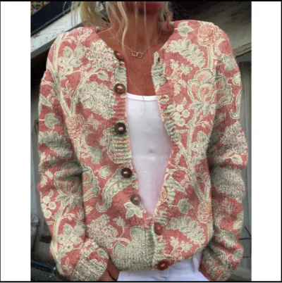 Autumn Winter Women Floral Knitted Long Sleeve Jacket