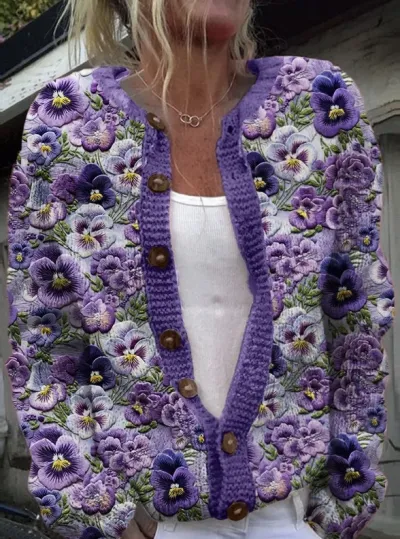 Autumn Winter Women Floral Knitted Long Sleeve Jacket
