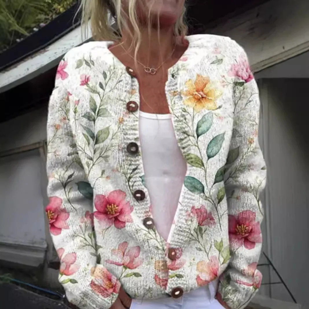 Autumn Winter Women Floral Knitted Long Sleeve Jacket