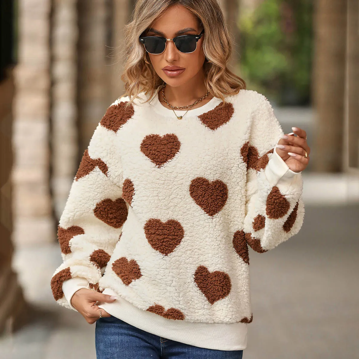 Autumn Winter Women Fashion Plush Heart-Shaped Printed Round Neck Long Sleeve Pullover Sweatshirt