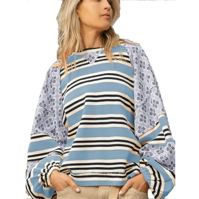 Autumn Winter Women Fashion Stripe Floral Printed Loose Round Neck Long Sleeve Pullover Sweatshirt