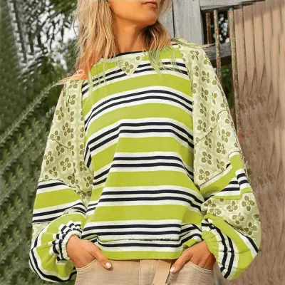 Autumn Winter Women Fashion Stripe Floral Printed Loose Round Neck Long Sleeve Pullover Sweatshirt