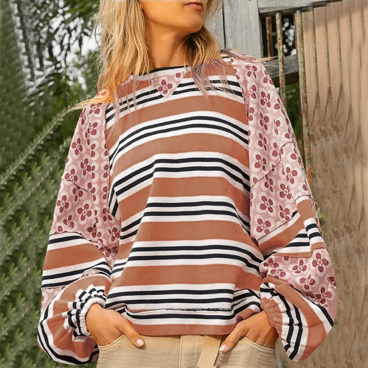 Autumn Winter Women Fashion Stripe Floral Printed Loose Round Neck Long Sleeve Pullover Sweatshirt