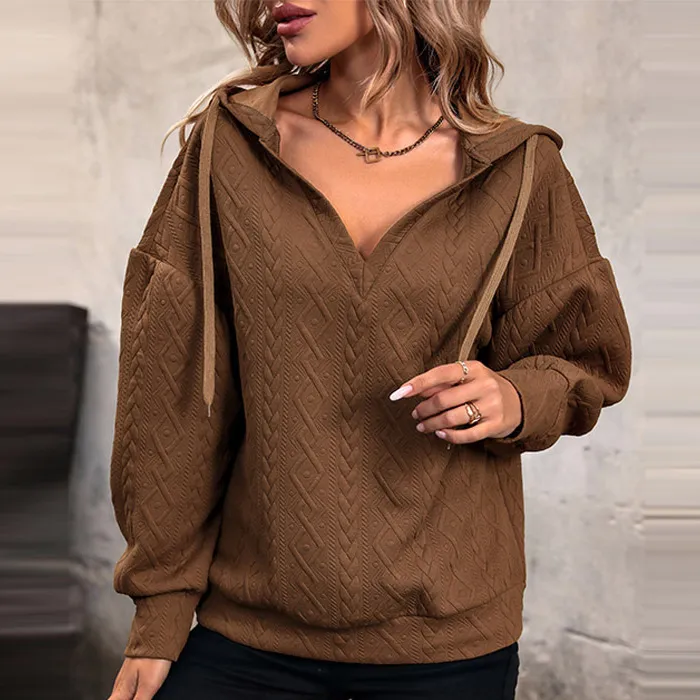 Autumn Winter Women Fashion V-Neck Long Sleeve Hooded Pullover Hoodie