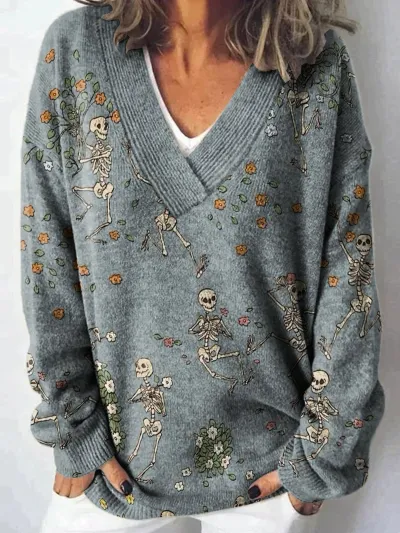 Women Fashion Cute Cat Floral Dog Print Long Sleeve Sweater