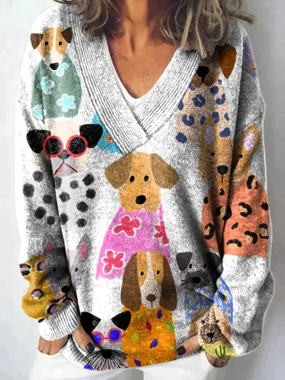Women Fashion Cute Cat Floral Dog Print Long Sleeve Sweater