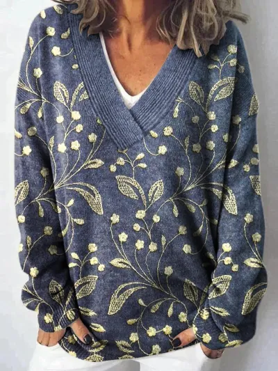 Women Fashion Cute Cat Floral Dog Print Long Sleeve Sweater