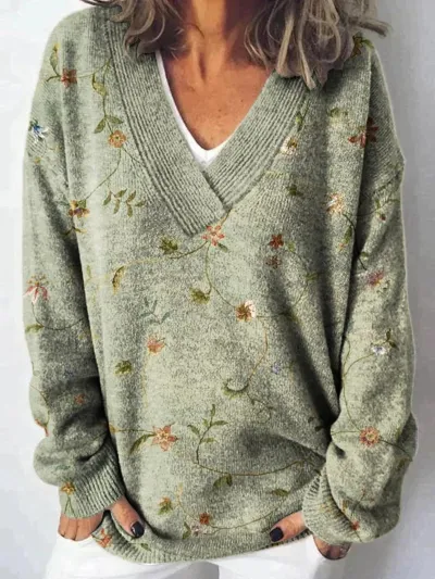 Women Fashion Cute Cat Floral Dog Print Long Sleeve Sweater
