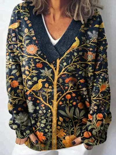 Women Fashion Cute Cat Floral Dog Print Long Sleeve Sweater